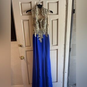 Gold Embellished Royal Blue Evening Gown